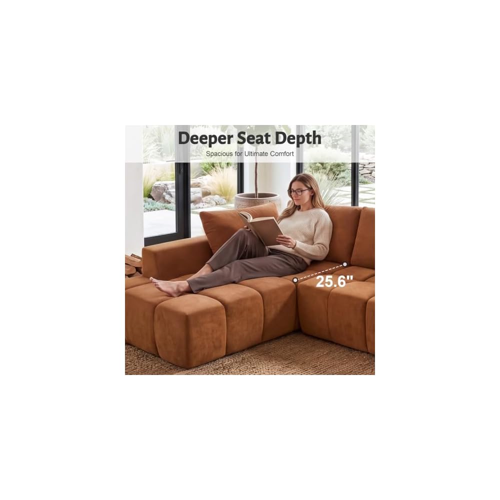 116" Modular Boneless Couch for Living Room, Modern Sectional Chenille Sofa with Oversized Deep Seat,Cloud Couch with L-Shape Chaise,No Assembly Required,Orange