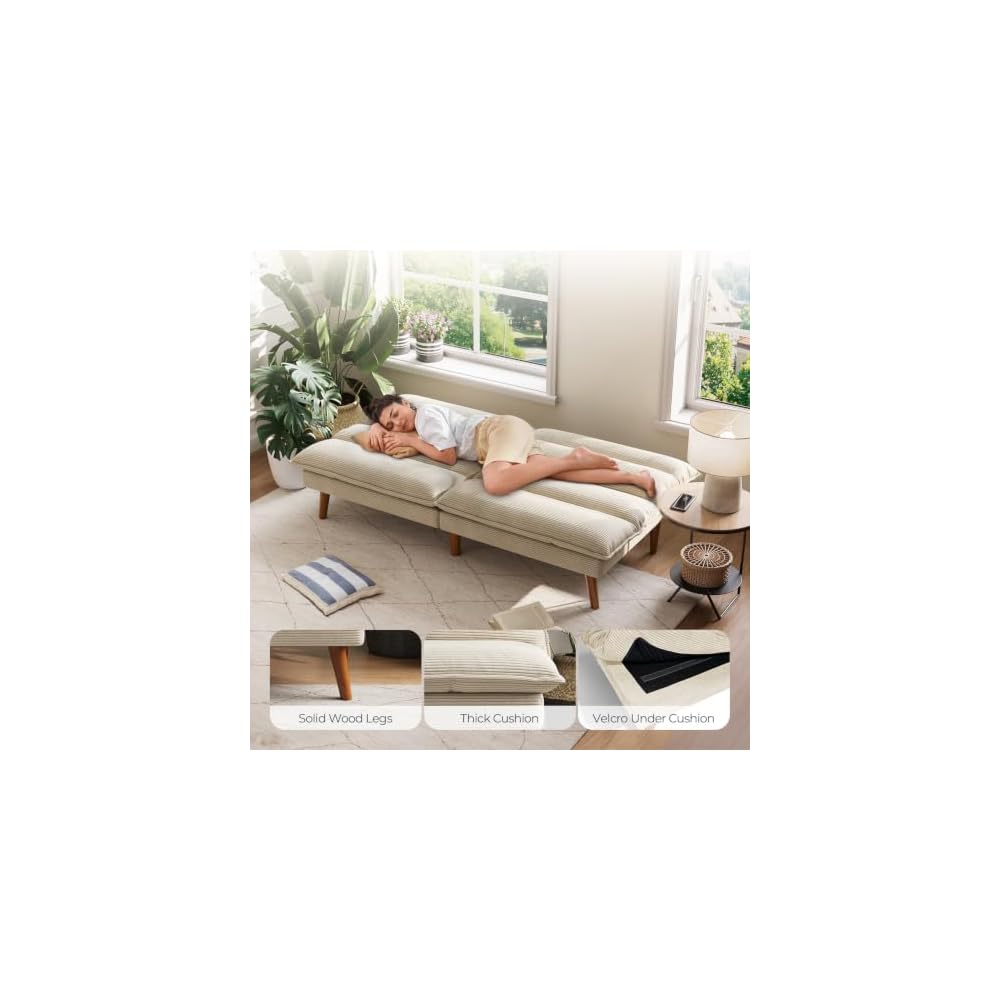 LINSY Home 66" Futon Sofa Bed, Corduroy Futon Couch with 3-Position Adjustable Backrest, Solid Wood Legs, Convertible Small Sofa Bed for Living Room, Apartment, Dorm, Beige