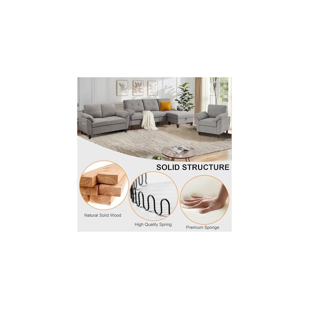 84" Convertible Sectional Sofa Set, 3 Seat L Shaped Couch with Reversible Chaise/Loveseat Sofa/Accent Chair, Polyester Fabre 3 Piece Sofa Set for Living Room, Light Grey