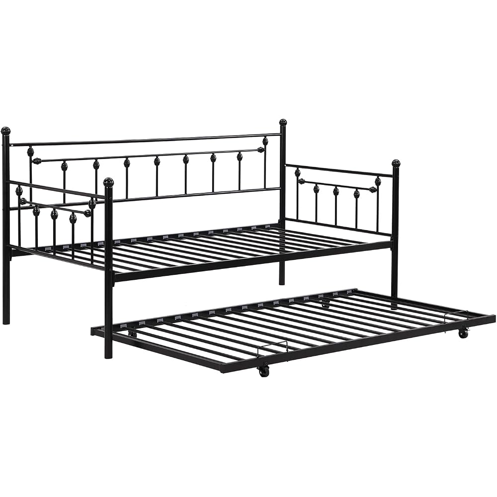 Convertible Modern Twin Size Metal Daybed Couch Pull Out Trundle Sofa Bed 2 in 1 Convertible Sleeper Daybed Sofa Bed Frame for Bedroom Living Room Guest Room Office Black One Size