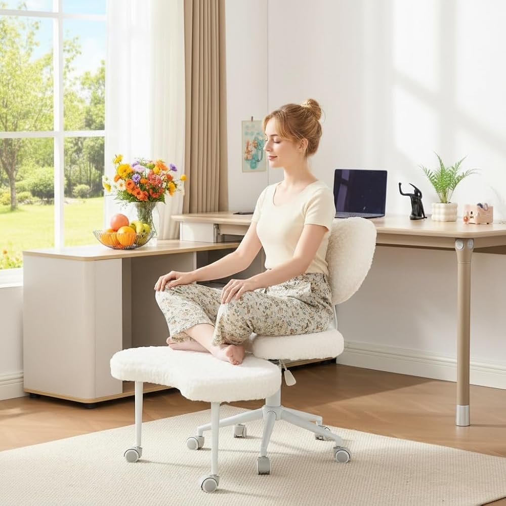 Ergonomic ADHD Criss Cross Legged Office Desk Chair - Meditation Kneeling Yoga Chair Adjustable Height with Wheels Lumbar Support, 360° Swivel Wider Footrest for Home Work, White