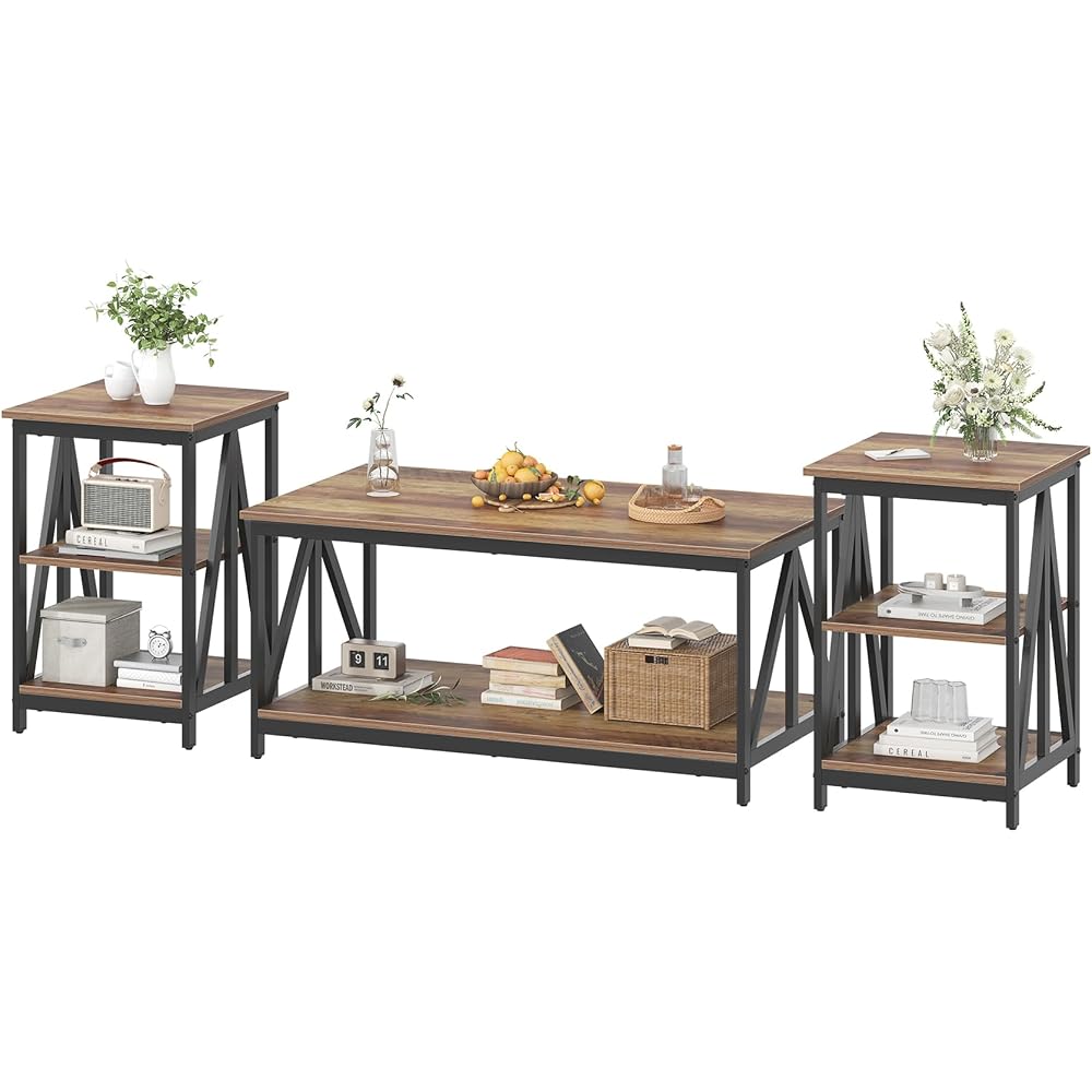 Bigbiglife Living Room Coffee Table Set of 3, Industrial X-Design Coffee Table and 2 End Side Tables, 3 Piece Living Room Table Set with Large Storage for Apartment Home (Black)