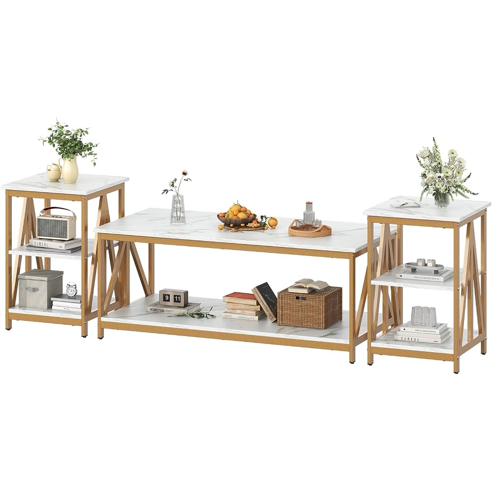 Bigbiglife Living Room Coffee Table Set of 3, Industrial X-Design Coffee Table and 2 End Side Tables, 3 Piece Living Room Table Set with Large Storage for Apartment Home (Black)