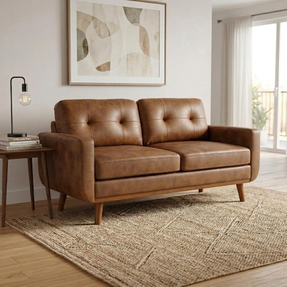 Light Brown Small Office Couch, 65" Mid Century Modern Loveseat Sofa for Small Spaces, Comfy Mini Cloud Couch for Bedroom, Vintage Two Seater Couch for Living Room Apartment (Light Brown)
