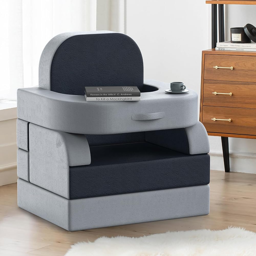 Folding Sofa Bed Memory Foam Convertible Reading Pillow Fold Out Sleeper Chair Bed Foldable Mattress Futon Couch Lounge Removable Cover for Living Room Guest Use Home Office