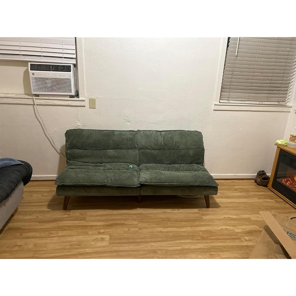 LINSY Home 66" Futon Sofa Bed, Corduroy Futon Couch with 3-Position Adjustable Backrest, Solid Wood Legs, Convertible Small Sofa Bed for Living Room, Apartment, Dorm, Beige