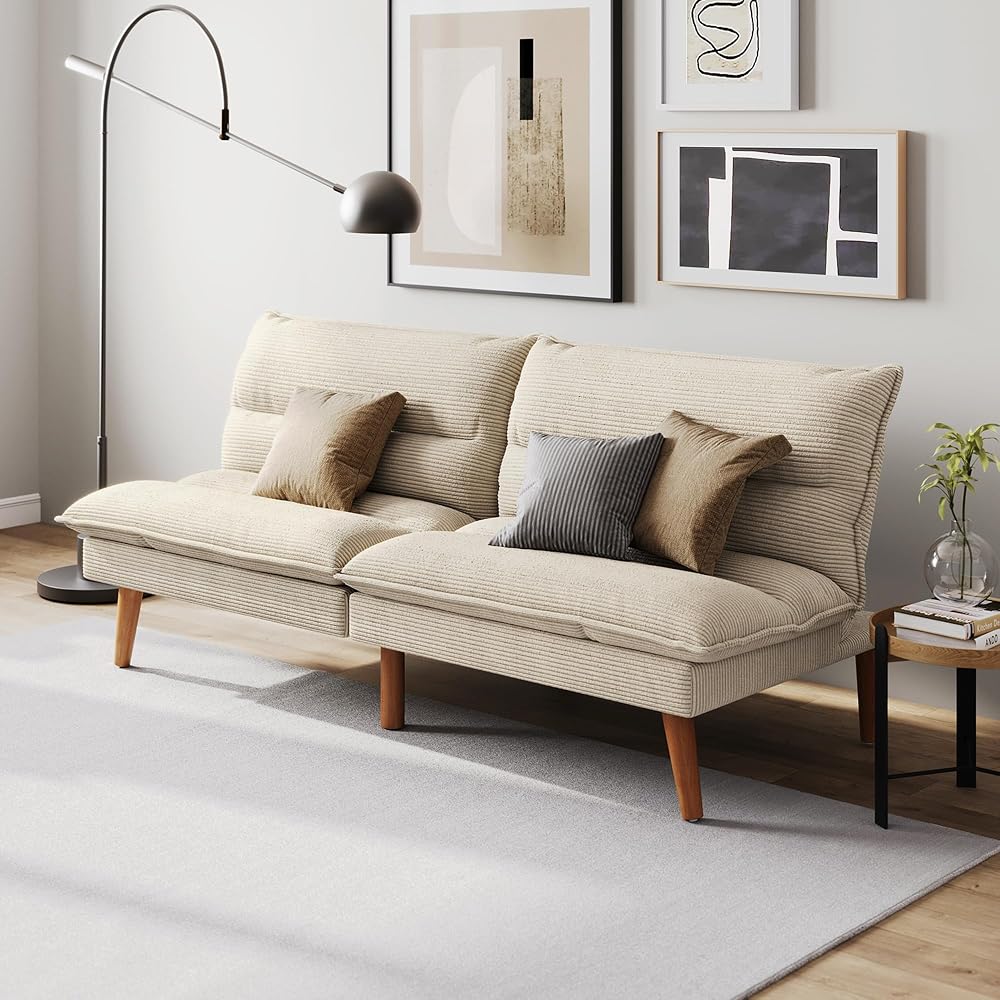 LINSY Home 66" Futon Sofa Bed, Corduroy Futon Couch with 3-Position Adjustable Backrest, Solid Wood Legs, Convertible Small Sofa Bed for Living Room, Apartment, Dorm, Beige