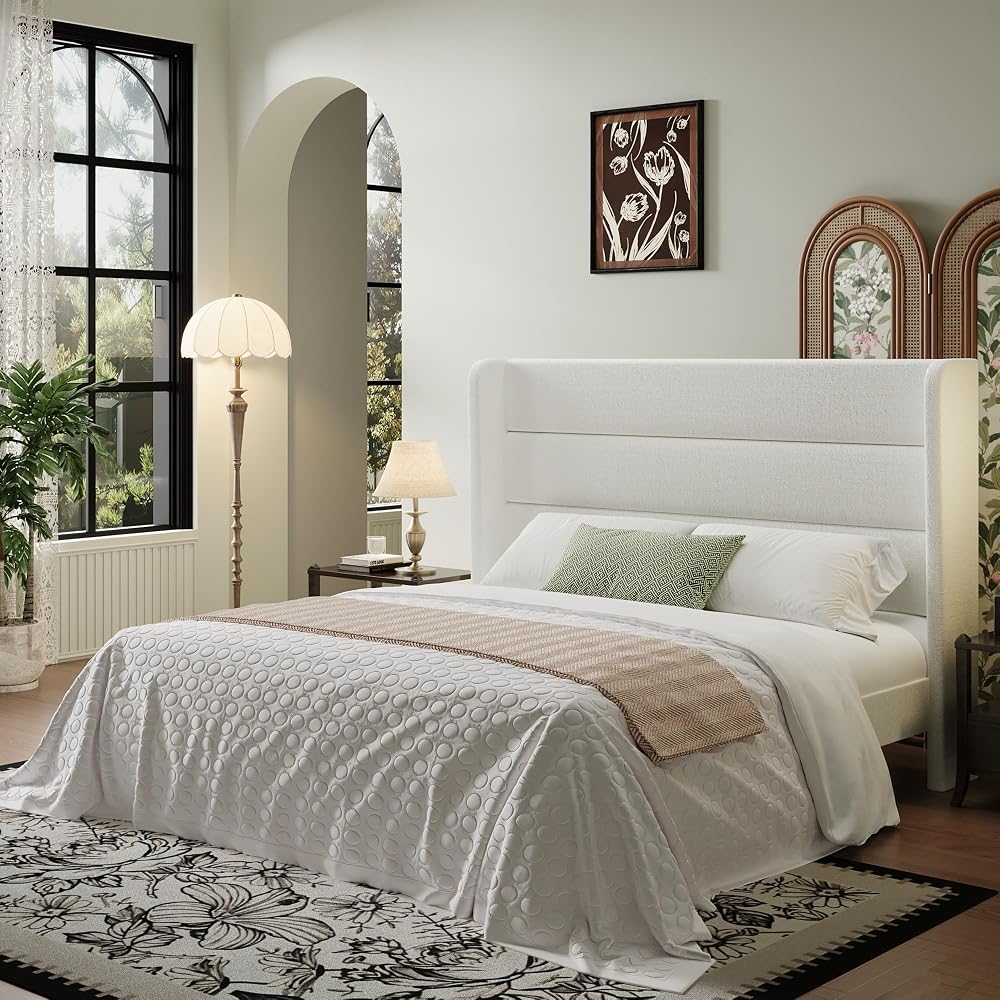 SHA CERLIN Full Size Velvet Bed Frame with Wingback Headboard/Upholstered Platform Bed with Wooden Slats/Mattress Foundation/No Box Spring Needed/Easy Assembly/White