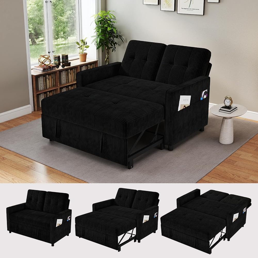 3 in 1 Convertible Sleeper Sofa Bed, Pull Out Loveseat Couch, Black