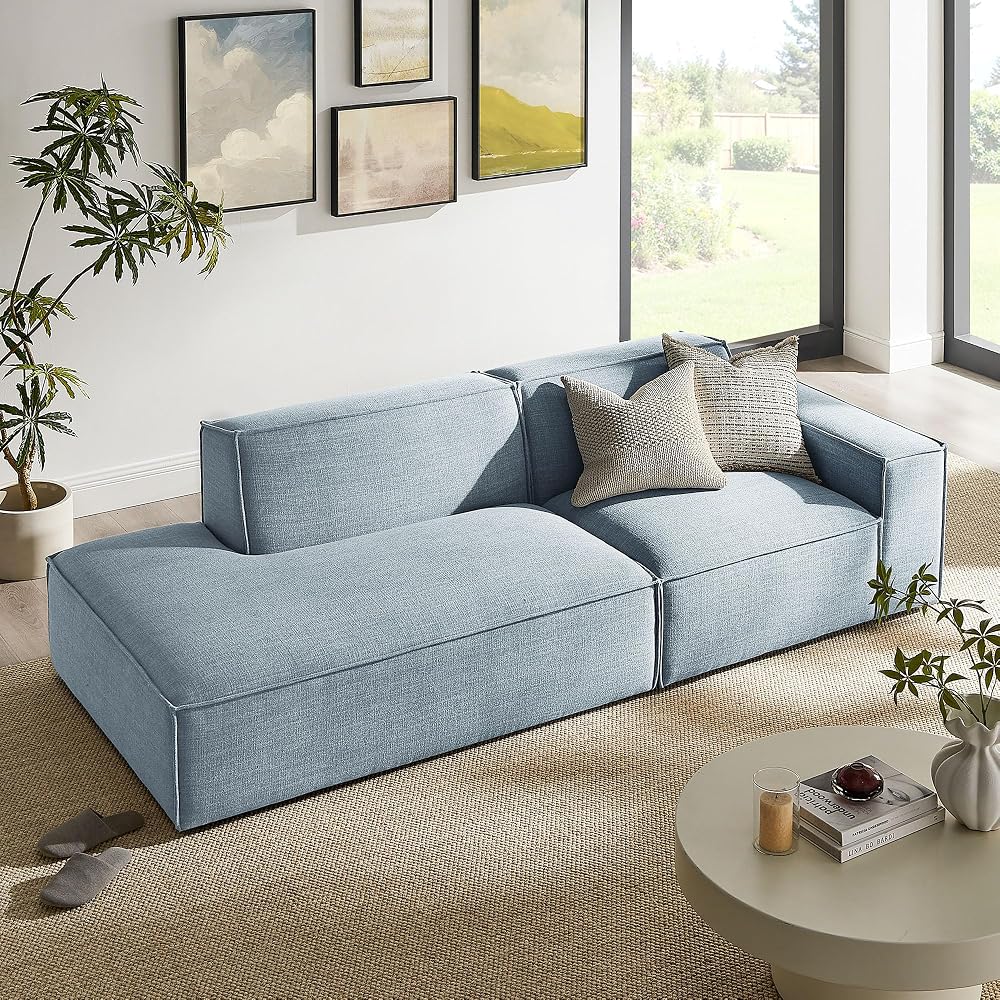 Modway Restore Performance Fabric Upholstered 2-Piece Modular Loveseat in Sky – Low Profile Sectional Sofa with Right-Facing Armchair and Left-Facing Armless Chaise